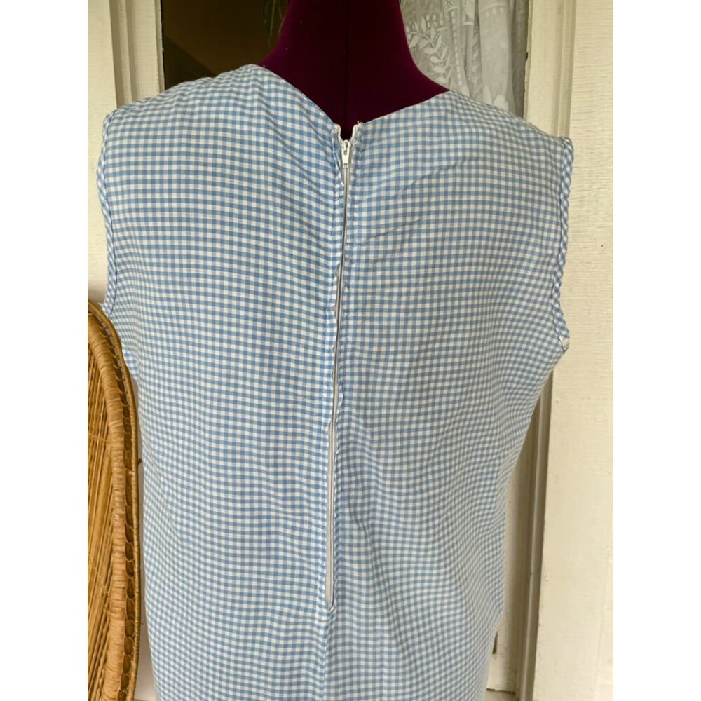 Vintage 1960s Blue White Gingham Checked Embroidered Cotton House Dress L/M - Picture 15 of 16